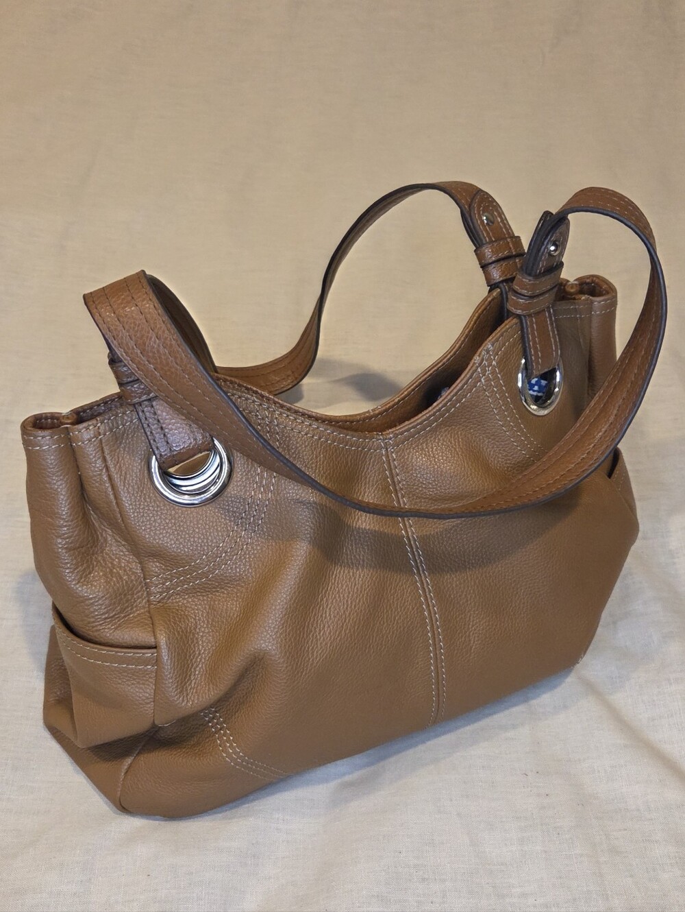 Tignanello Cognac Brown Pebbled Leather Shoulder Bag Cream Contrast Stitching